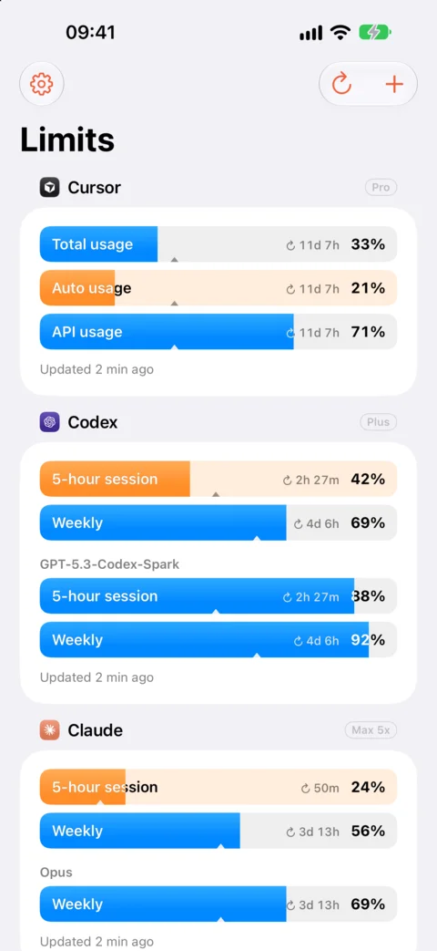 The dashboard: Cursor, Codex and Claude accounts, each limit a bar with what's left and when it resets