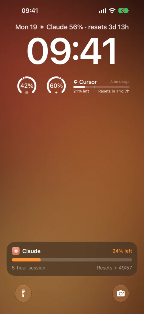 The Lock Screen with limit widgets and a Live Activity counting down to Claude's session reset
