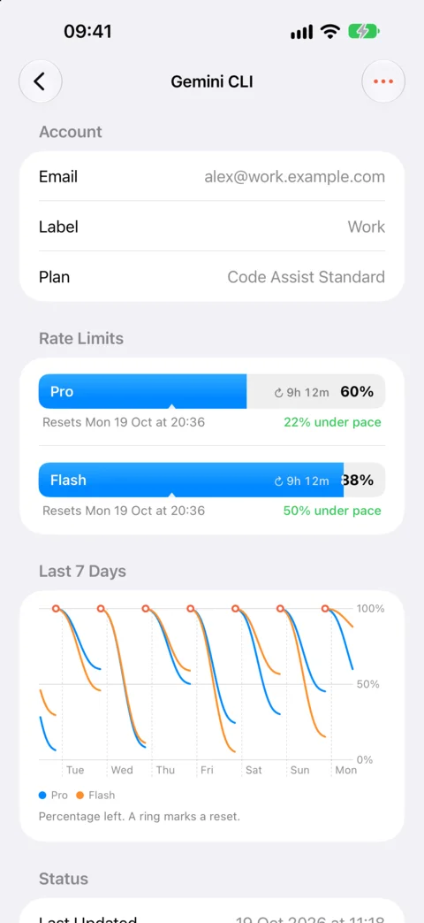An account's detail: its limits with exact reset times and pace, and a chart of the last seven days