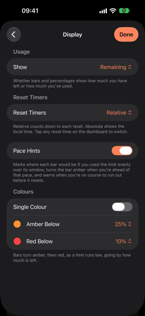 Display settings: show what's left or used, countdowns or times, pace hints and colours