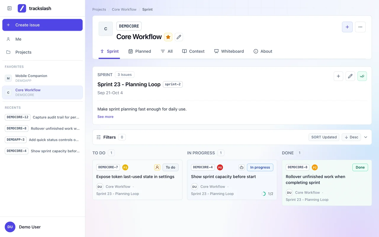 A project's current sprint: its name, dates and goal, then its issues in To do, In progress and Done columns