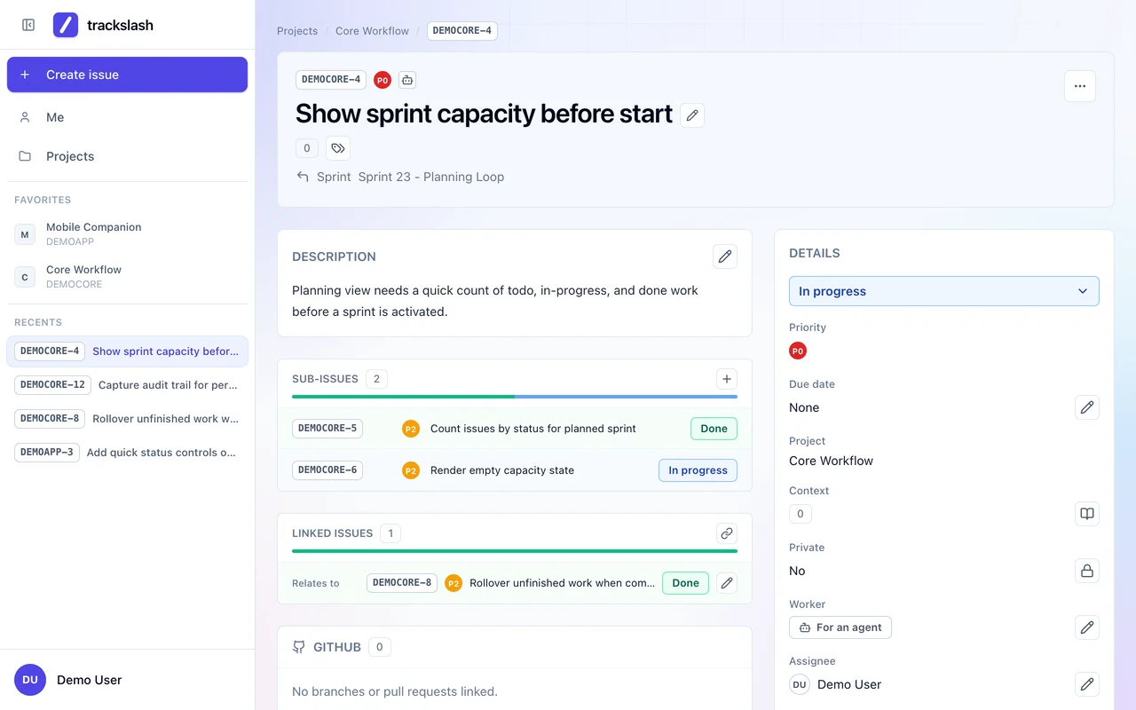 An issue, Show sprint capacity before start, with its description, sub-issues, linked issues, and details such as status, priority, worker and assignee