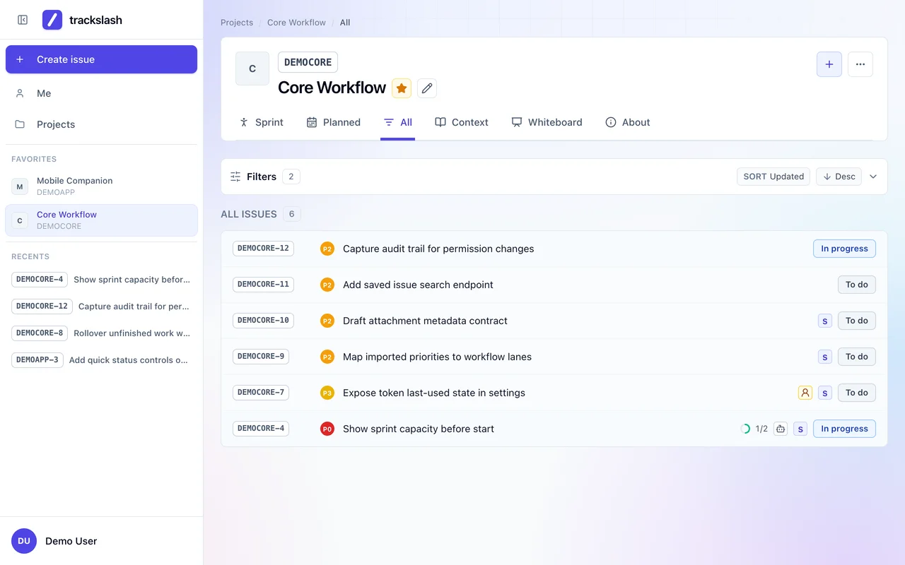All of a project's issues, each with its key, priority and status