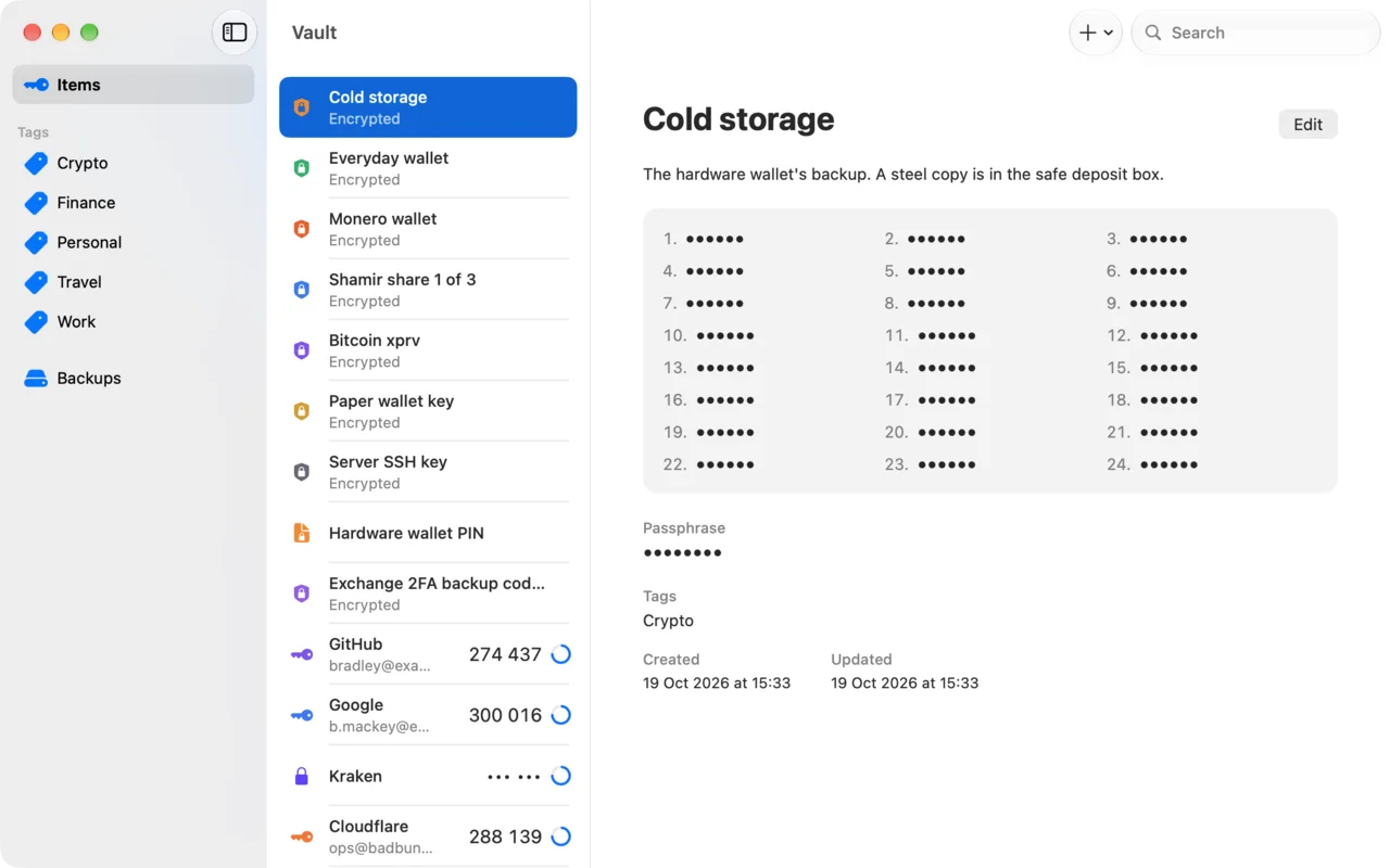 Vault on the Mac: a recovery phrase, Cold storage, open beside the list of phrases, keys, notes and codes, its 24 words masked
