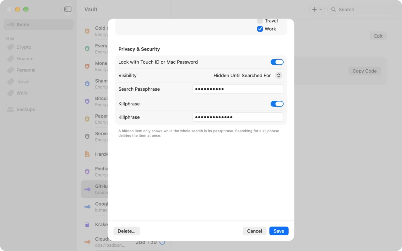 Editing an item on the Mac: locked with Touch ID or the Mac's password, hidden until searched for, with a killphrase
