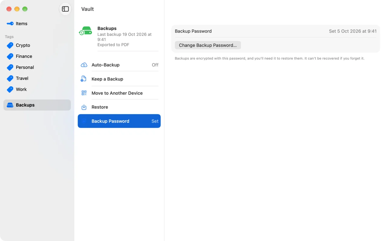 Backups on the Mac: the last PDF backup, Auto-Backup, Move to Another Device, Restore and the backup password