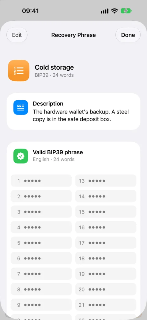 A recovery phrase, Cold storage: a valid 24-word BIP39 phrase, its words masked until tapped