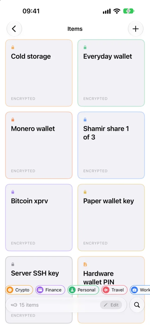 The items list: recovery phrases and private keys, encrypted, then notes and 2FA codes, with tag filters below