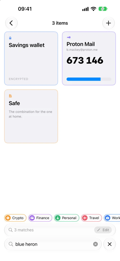 Searching for a hidden item's passphrase finds a hidden Savings wallet that the list never shows