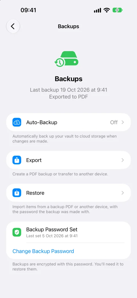 Backups: when the last PDF backup was made, with Auto-Backup, Export and Restore