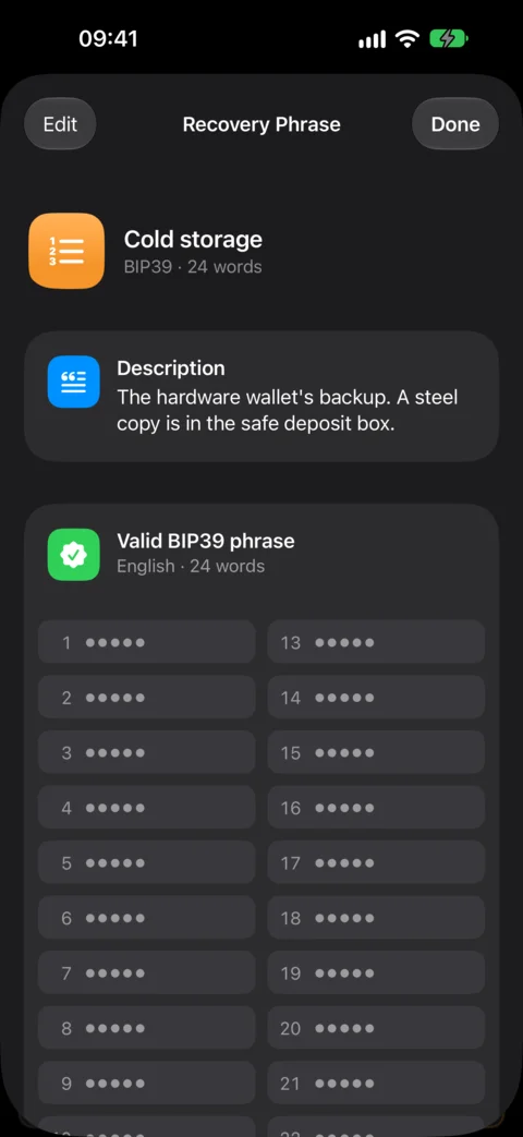 The recovery phrase in dark mode