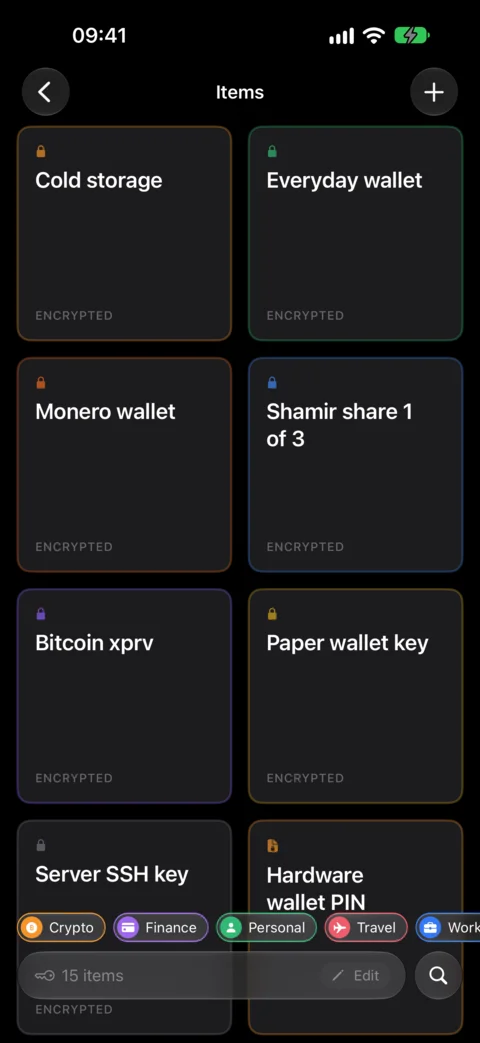 The items list in dark mode